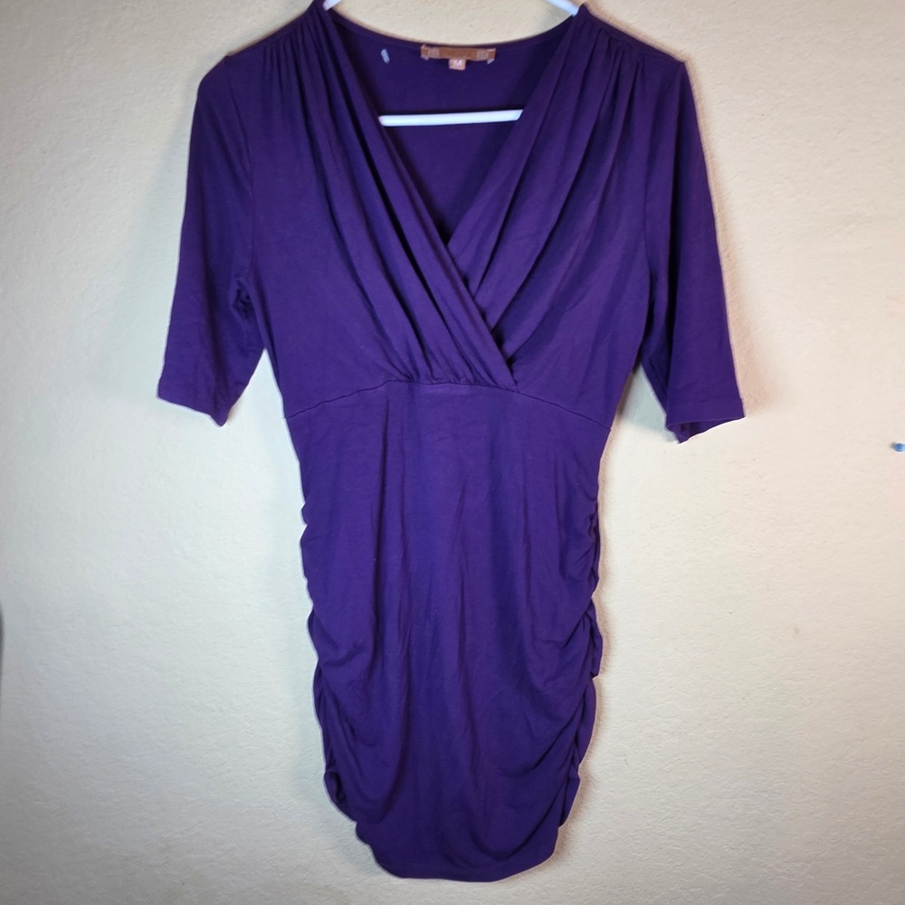 womens‎ Purple side Ruched Bodycon Dress Medium V-Neck Elbow Sleeve date